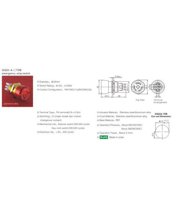 Bouton-poussoir touche Rouge 24vdc 